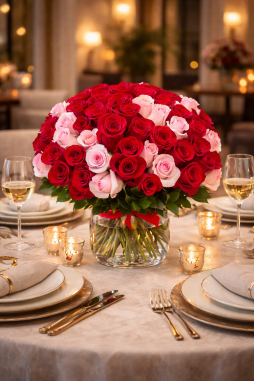 Kırmızı ve Pembe Gül Aranjmanı – Yemek Masası İçin Romantik Çiçek