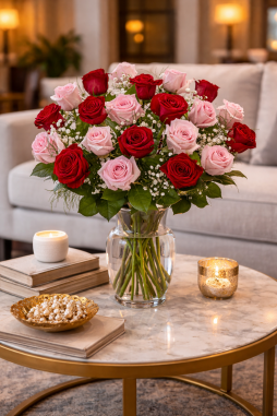Kırmızı ve Pembe Gül Sehpa Aranjmanı – Şık Salon Çiçeği