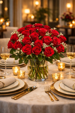 Kırmızı Gül Masa Aranjmanı – Romantik Yemek Masası Çiçeği