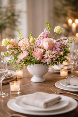 Pastel Masa Çiçeği Aranjmanı – Şık Yemek Masası Çiçek Tasarımı | Çiçek Cumhuriyeti