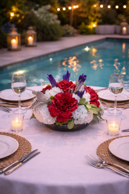 Royal Kırmızı & Mor Yapay Aranjman – Luxury Masa Dekoru | Selin Çiçek